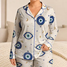 Blue Evil Eye Moon Motif Sleep Set for Cozy Giftable Lounge Nights At Home for Women Satin Pajamas Set