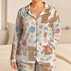 Sweet Teddy Bears And Candy Motifs For Cozy Family Nights And Giftable Wear At Home Satin Pajamas Set