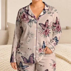 Blush Butterfly Blossom Nightwear for Cozy Evenings, Lounging, and Gift Giving for Women Satin Pajamas Set