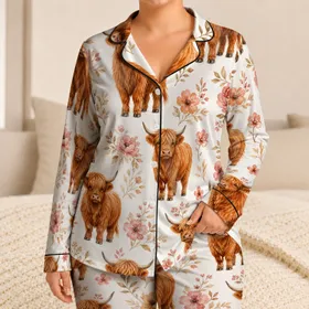 Highland Cow Floral Cozy Nights Gift for Women, Warm Rustic Home Relaxation At Home Satin Pajamas Set