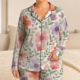 Pastoral Floral Blooms For Cozy Home Evenings, Giftable For Women Year Round Spring Satin Pajamas Set