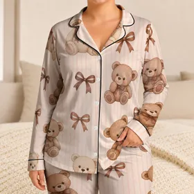 Vintage Teddy Bear Bow Lounge Style For Cozy Home Relaxation Giftable Wear For Women Satin Pajamas Set