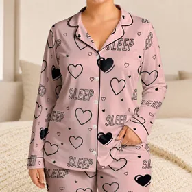 Pink Heart Sleep Motif for Cozy Nights, Sleepover Gifts, and Girly Style for Women Satin Pajamas Set