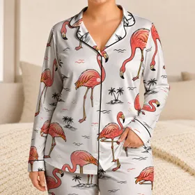Flamingo Resort For Summer Nights, Soft Tropical Relaxed Style For Women At Home Satin Pajamas Set