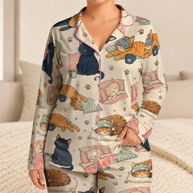 Sleepy Kitten Bedtime Set For Cozy Nights, Women Plus Size Relaxed Fit Everyday Satin Pajamas Set