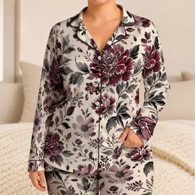 Burgundy Floral Bedroom Style for Cozy Nights, Relaxed Evenings, Women at Home Daily Satin Pajamas Set