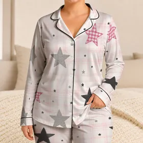 Blush Plaid Star Campus Layers for Cozy College Nights In, Women and Teens At Home Satin Pajamas Set
