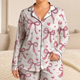 Elegant Boutique Blush Bow and Heart Lounge Look for Cozy Nights and Gift Giving Satin Pajamas Set