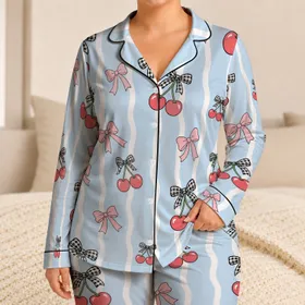 Blue Stripe Cherry Bow Lounge Set for Spring Evenings, At-Home Comfort, and Gift Giving Satin Pajamas Set