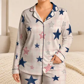 Ivory Blush Plaid Star Motif For Cozy Nights And Giftable Weekend Unwind For Women Satin Pajamas Set