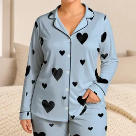 Black Heart Silhouette Sleepwear Set for Cozy Summer Nights and Lounge Time For Women Satin Pajamas Set