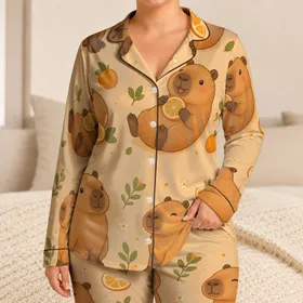 Women's Capybara Citrus Sleep Shirt for Cozy Nights, Gift for Animal Lovers at Home Satin Pajamas Set