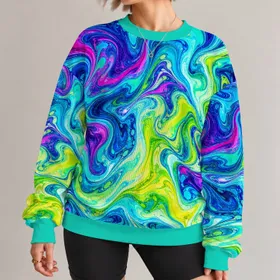 Neon Turquoise Magenta Fluid Marble Waves For Festival Streetwear And Bold Casual Style All-over Print Knitted Sweater