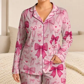 Blush Pink Bow Motif for Cozy Nights, Sleepovers, and Gift Giving for Bow Lovers Satin Pajamas Set