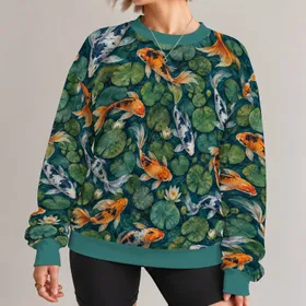 Orange and Blue Koi Among Lily Pads for Calm Nature-Inspired Everyday Streetwear All-over Print Knitted Sweater