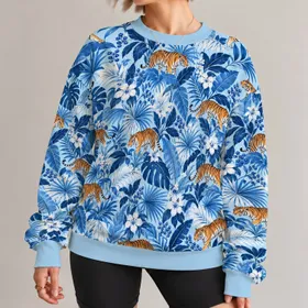 Blue Tiger and Tropical Foliage for Travel Adventures and Everyday Nature Lovers All-over Print Knitted Sweater