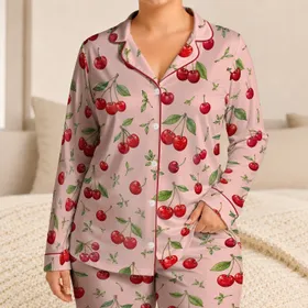 Blush Pink Cherry Motifs for Cozy Nights, Sweet Gift Giving, and Home Relaxation Satin Pajamas Set