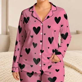 Bubblegum Pink Black Heart Bedtime Lounge Outfit For Women, Teens, And Gift Giving Satin Pajamas Set