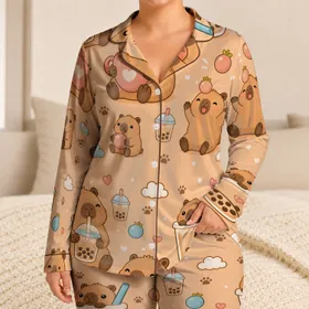 Cute Capybara Bubble Tea Motif For Cozy Nights, Gift Giving, And Calm Home Style Satin Pajamas Set