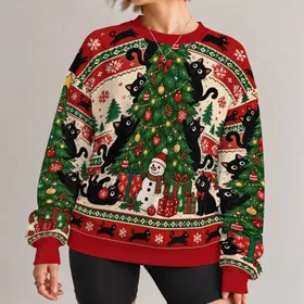 Black Cats Around a Christmas Tree for Holiday Parties and Festive Winter Celebrations All-over Print Knitted Sweater