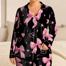 Pink Bow Night Party Look for Women, Cozy Holiday Evening Gift Style for Relaxed Home Satin Pajamas Set