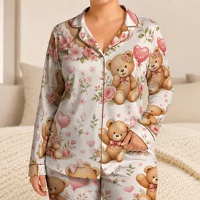 Teddy Bear Nursery Floral Sleepwear For Cozy Bedtime And Baby Shower Gifts Satin Pajamas Set