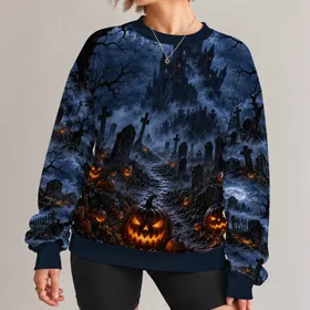 Gothic Castle and Glowing Jack-o'-Lanterns for Halloween Night and Autumn Gatherings All-over Print Knitted Sweater