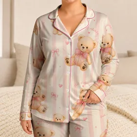 Pastel Teddy Bear Stripes Cozy Bedtime Loungewear for Women and Gift Givers At Home Satin Pajamas Set