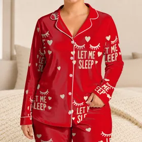 Sleepy Eyes And Heart Motif In Cherry Red For Cozy Bedtime Gifts For Her Night Set Satin Pajamas Set