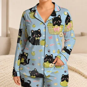 Cute Retro Cat And Apple Motif For Cozy Nights, Gifts For Women And Teens Satin Pajamas Set