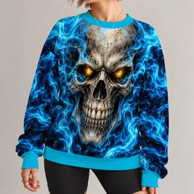 Glowing Skull With Electric Blue Flames for Halloween and Alternative Style Fans All-over Print Knitted Sweater