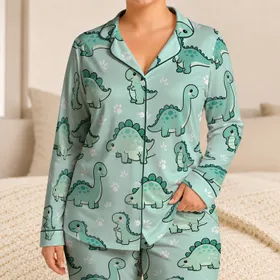 Cute Cartoon Dinosaur Bedtime Set for Cozy Nights, Toddler Gift, Nursery Style Theme Satin Pajamas Set