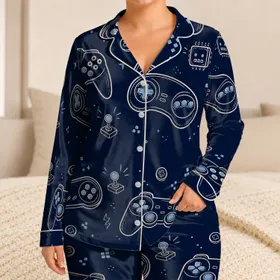 Retro Game Controller Motifs For Cozy Bedtime Wear For Gamer Kids And Teens At Home Satin Pajamas Set