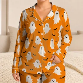 Halloween Ghost And Bat Motif For Cozy Autumn Nights, Great For Family Gift Giving Satin Pajamas Set