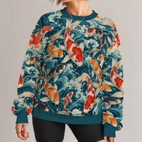 Red And White Koi Fish With Blue Waves For Japanese Culture Fans And Everyday Streetwear All-over Print Knitted Sweater