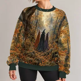 Three Witch Figures in an Autumn Forest for Cozy Fall Outings and Enchanted Evenings All-over Print Knitted Sweater