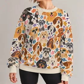 Playful Hand-Painted Cartoon Dogs for Casual Everyday Style and Dog Lover Outings All-over Print Knitted Sweater