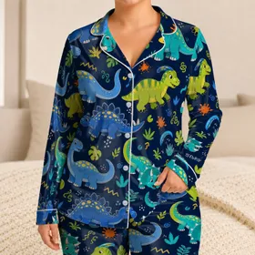 Navy Dino Motifs for Cozy Bedtime Gifts for Kids Who Love Bright, Cheerful Dino Nights Satin Pajamas Set