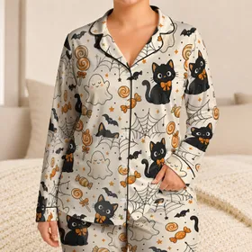 Halloween Cat and Ghost Sleepwear Set for Cozy Autumn Nights and Teen Sleepovers Satin Pajamas Set