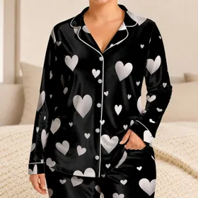 Black Heart Motif For Cozy Nights, Relaxed Weekends, And Romantic Gifts For Her At Home Satin Pajamas Set