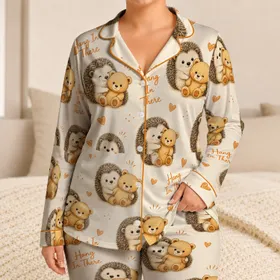 Baby Hedgehog And Teddy Bear Cozy Bedtime Gift For Women With Warm Cottagecore Charm Satin Pajamas Set