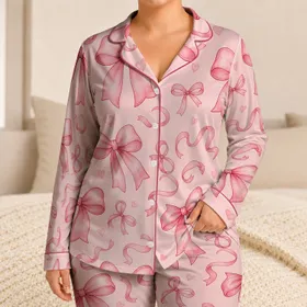 Blush Bow Ribbon Nightwear for Cozy Nights and Romantic Lounging for Women at Home Satin Pajamas Set