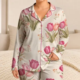 Ivory Tulip Blossoms for Spring Evenings, Soft Vintage Gift for Her in Rose Tones Satin Pajamas Set