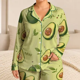 Cute Avocado Motif Relaxed Outfit For Summer Evenings, Gift For Food Lovers And Fans Satin Pajamas Set