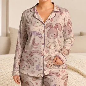 Blush Bunny Bedtime Scenes For Cozy Sleep Nights, Sweet Girls' Home Style Satin Pajamas Set