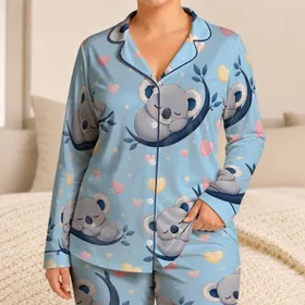 Cute Blue Koala Bedtime Outfit for Girls, Heart Motif for Cozy Home and Calm Rest Days Satin Pajamas Set