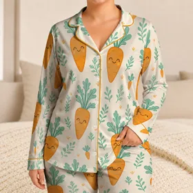 Whimsical Carrot Character Bedtime Gift for Teens and Kids, Cozy Everyday Home Wear Satin Pajamas Set