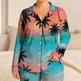 Tropical Sunset Palm Silhouette For Summer Evenings, Beach Vacations, Teen Gift Ideas Satin Pajamas Set