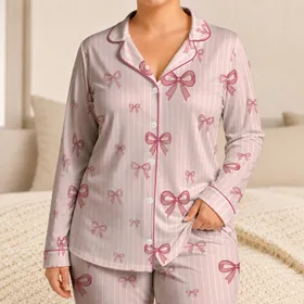 Blush Pink Bow And Stripe Spring Lounge Look For Cozy Home Nights And Gift Giving Satin Pajamas Set