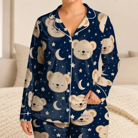 Cream Teddy Bear Moon And Star Bedtime Loungewear Gift For Teen Girls And Tweens Night Satin Pajamas Set